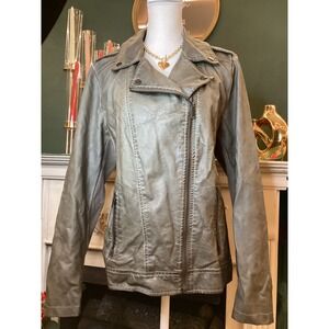 Sebby Collection Faux‎ Leather Moto Jacket XL Grey/Olive Asymmetrical Zip Style